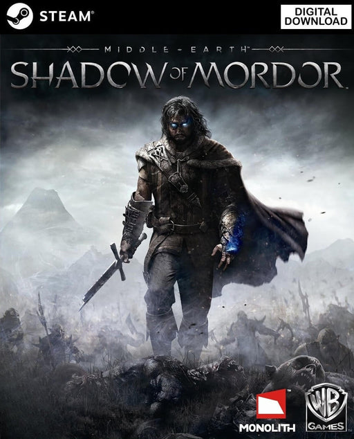 Cover art for Middle-Earth: Shadow of Mordor on PC Steam, depicting Talion standing over fallen enemies with glowing blue eyes and sword in hand. Buy your Middle-Earth: Shadow of Mordor PC Steam CD Key today at RushGame.co and experience intense action in the dark world of Mordor