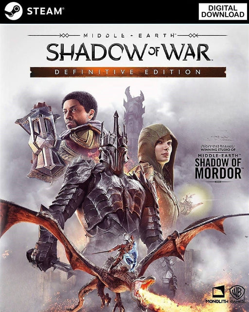 Cover art for Middle-Earth: Shadow of War Definitive Edition on PC Steam, featuring iconic characters, a dragon, and the Dark Lord in full armor. Get your Middle-Earth: Shadow of War Definitive Edition PC Steam CD Key RoW now at RushGame.co and command epic battles in the world of Mordor