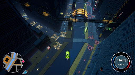In-game screenshot from Midnight Legends (PC Epic Games) showing a high-speed futuristic car racing through a neon-lit city from a top-down perspective — experience the thrill now with an instant key from RushGame.co
