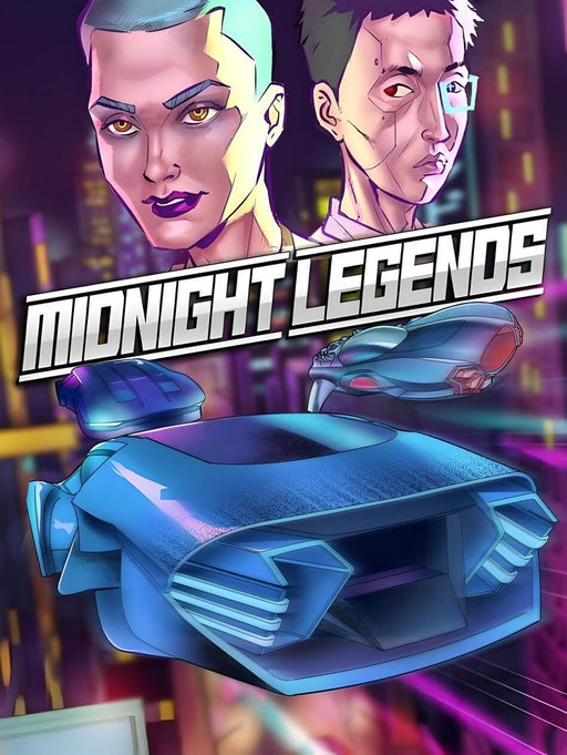 Futuristic cover art for Midnight Legends on PC via Epic Games, showcasing two stylized characters and a sleek hover car in a neon-lit cityscape. Buy your Midnight Legends Epic Games CD Key now at RushGame.co and dive into high-speed cyberpunk racing action