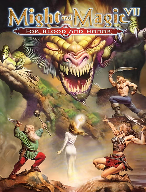 Cover art for Might and Magic VII: For Blood and Honor on PC GOG, featuring classic fantasy characters battling a monstrous dragon — buy the digital CD key now at RushGame.co and dive into an epic RPG adventure