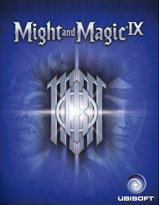 Cover art for Might and Magic IX on PC GOG, showcasing the iconic silver IX emblem with mystical faces in the background — purchase the digital CD key now at RushGame.co and embark on a classic RPG adventure.