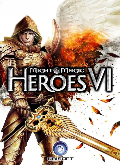 Epic cover image for Might and Magic: Heroes VI on PC Ubisoft Connect, featuring a golden-armored warrior wielding a majestic sword with flaming wings — get your digital CD key now at RushGame.co and command legendary armies in a fantasy world