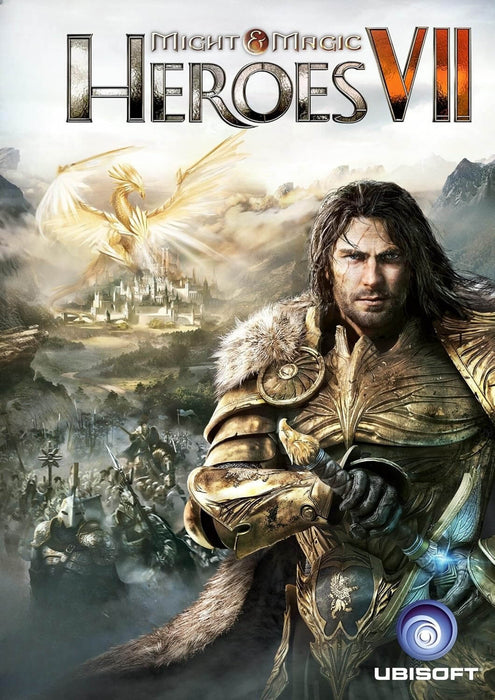cover art of Might & Magic Heroes VII for PC Ubisoft Connect, featuring a battle-hardened hero in golden armor and a majestic phoenix soaring over a fantasy kingdom — unlock your adventure today with a digital CD key from RushGame.co