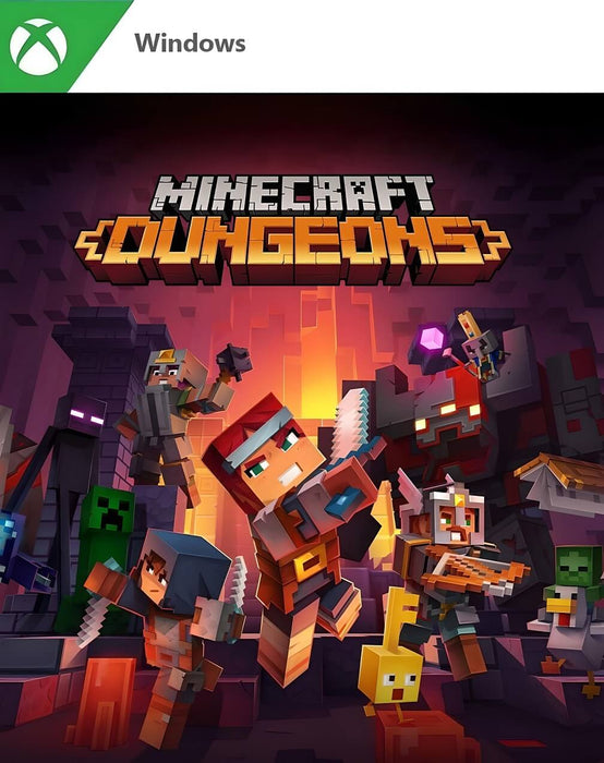 Cover art of Minecraft Dungeons for Windows 10, showing iconic block-style heroes battling zombies and creepers in a fiery dungeon setting. Get your digital PC CD key today at RushGame.co and start your epic adventure