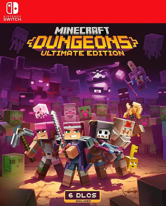 Cover image of Minecraft Dungeons Ultimate Edition for Nintendo Switch, showcasing pixel-art heroes battling mobs in a vibrant dungeon setting—includes 6 DLCs. Get your Nintendo Switch CD key now at RushGame.co and embark on an epic blocky adventure with friends