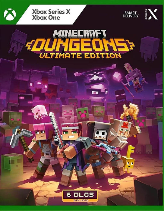 Cover art of Minecraft Dungeons Ultimate Edition for Xbox One and Series X|S, featuring blocky heroes fighting off hordes of mobs—includes 6 action-packed DLCs. Purchase your Xbox CD key now at RushGame.co and dive into the ultimate dungeon-crawling adventure