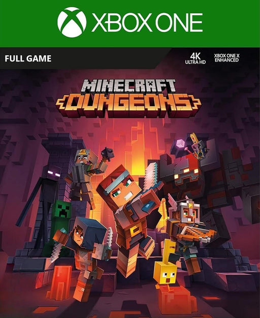 Box art for Minecraft Dungeons on Xbox One, featuring blocky heroes fighting off hostile mobs in a fiery dungeon. Buy your Xbox digital game key now at RushGame.co and start your dungeon-crawling adventure today