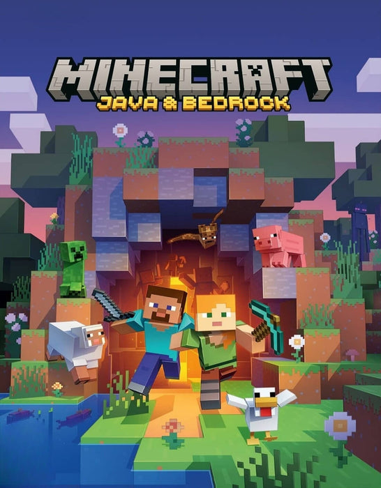 Official cover art for Minecraft: Java & Bedrock Edition for PC, showcasing Steve and Alex leaping from a glowing cave alongside classic mobs. Buy your Windows 10 Minecraft CD Key at RushGame.co for instant access to both editions and cross-platform fun