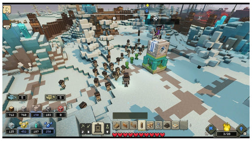 Gameplay from Minecraft Legends in a snowy biome, displaying a massive army gathered near a fortress. Command your forces and conquer new lands—purchase your Minecraft Legends Xbox digital code from RushGame.co and begin your tactical journey.