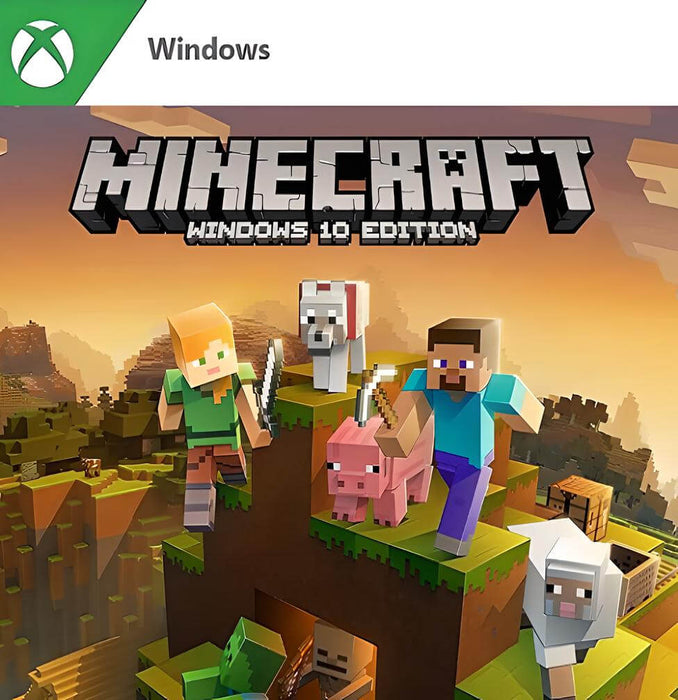 Promotional image for Minecraft Windows 10 Edition on PC, showcasing Steve, Alex, and familiar mobs like creepers and skeletons in a vibrant blocky landscape. Purchase your Minecraft Windows 10 Edition CD Key today at RushGame.co and start building your digital world instantly
