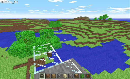 Minecraft: Windows 10 Edition creative mode image displaying a wide view of a blocky landscape with grass, trees, and water. Build and explore an endless world of creativity. Buy Minecraft Windows 10 Edition at RushGame.co