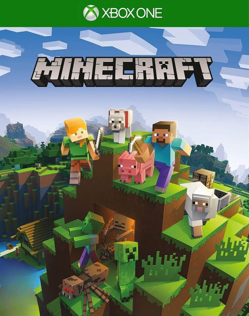 Cover art for Minecraft on Xbox One, featuring Steve, Alex, and iconic mobs like creepers and skeletons in a classic voxel-style terrain. Get your Xbox One Minecraft CD Key instantly at RushGame.co and start crafting your adventure today
