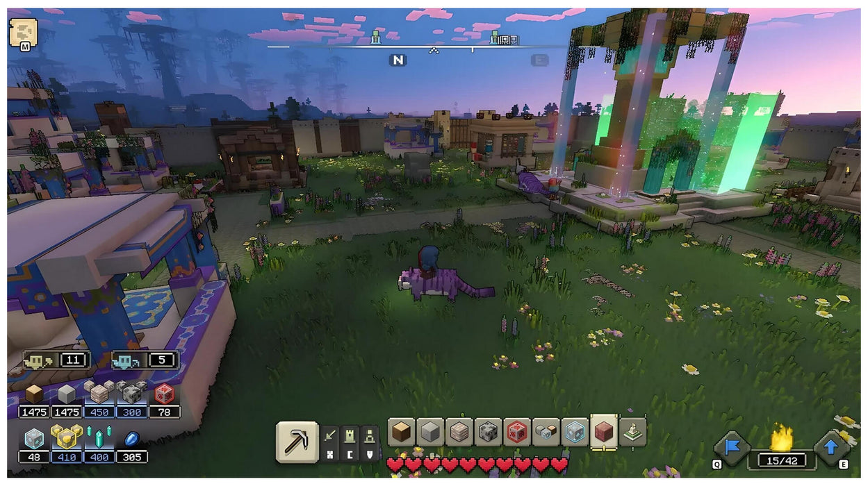 Colorful in-game screenshot from Minecraft on Xbox Series X|S, featuring a player riding a purple feline-like creature in a vibrant village with glowing green towers and lush greenery. Buy Minecraft Xbox CD Key EU now at RushGame.co and unleash your creativity