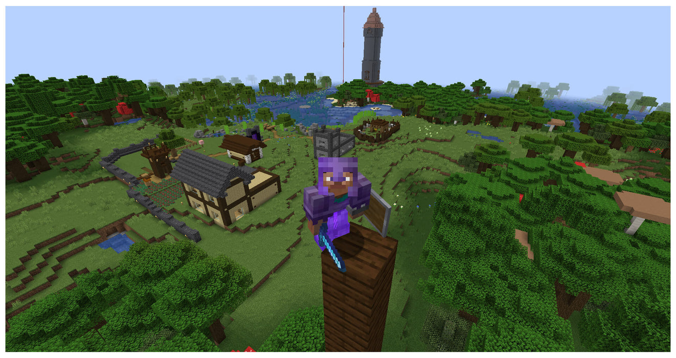 Player in enchanted purple armor standing atop a wooden tower, overlooking a vast Minecraft world with forests, buildings, and a distant watchtower. Explore epic adventures with Minecraft for Xbox One – get your digital key at RushGame.co