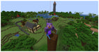 Player in enchanted purple armor standing atop a wooden tower, overlooking a vast Minecraft world with forests, buildings, and a distant watchtower. Explore epic adventures with Minecraft for Xbox One – get your digital key at RushGame.co