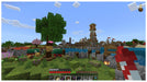 Detailed Minecraft gameplay scene showing a peaceful village with bees, flower gardens, and a large tower across the water. Start your sandbox journey today with a Minecraft Xbox CD Key from RushGame.co – instant delivery included