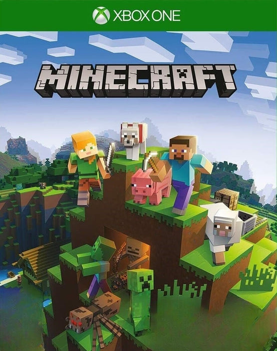 Minecraft cover art for Xbox One, showing iconic blocky characters, including Steve and Alex, with mobs like Creepers and Zombies. Buy your Minecraft Xbox One & Series X|S CD Key EU at RushGame.co and build your own pixelated world!