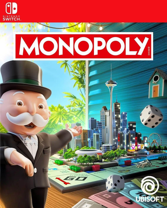 Cover art of Monopoly for Nintendo Switch featuring Mr. Monopoly presenting a vibrant 3D board with animated city buildings, dice, and currency on a tabletop setting. Purchase your Monopoly Nintendo Switch CD Key now at RushGame.co and enjoy the classic board game with a digital twist anytime, anywhere