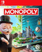 Cover art of Monopoly for Nintendo Switch featuring Mr. Monopoly presenting a vibrant 3D board with animated city buildings, dice, and currency on a tabletop setting. Purchase your Monopoly Nintendo Switch CD Key now at RushGame.co and enjoy the classic board game with a digital twist anytime, anywhere