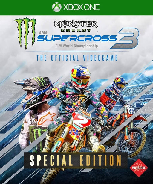 Cover art for Monster Energy Supercross 3 Special Edition on Xbox One, featuring intense motocross action with three pro riders in racing gear and branded bikes. Grab your Monster Energy Supercross 3 Xbox One CD Key at RushGame.co and experience the thrill of official AMA Supercross championships with exclusive content and high-speed gameplay
