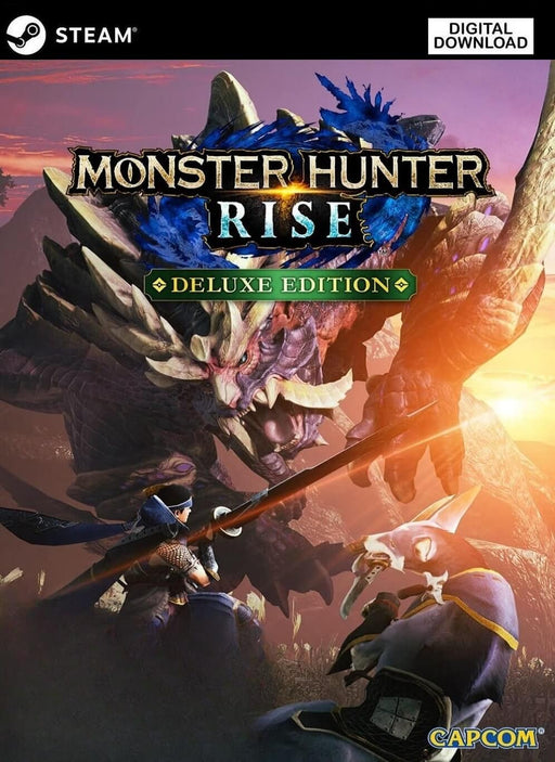 Cover art for Monster Hunter Rise Deluxe Edition on PC via Steam, showcasing an epic battle scene between a fierce hunter and a massive dragon-like creature at sunset. Buy your Monster Hunter Rise Steam CD Key from RushGame.co and join the thrilling action-packed hunt with exclusive deluxe content and intense co-op gameplay