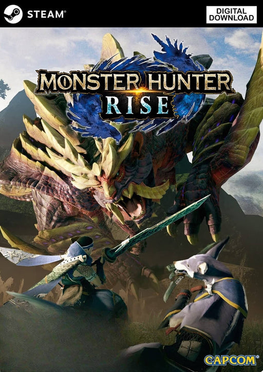 Epic cover art for Monster Hunter Rise on PC via Steam, featuring a brave hunter and a Palamute companion squaring off against the ferocious Magnamalo. Buy your Monster Hunter Rise Steam CD Key now at RushGame.co and dive into thrilling monster-slaying action with intense co-op gameplay and rich RPG elements