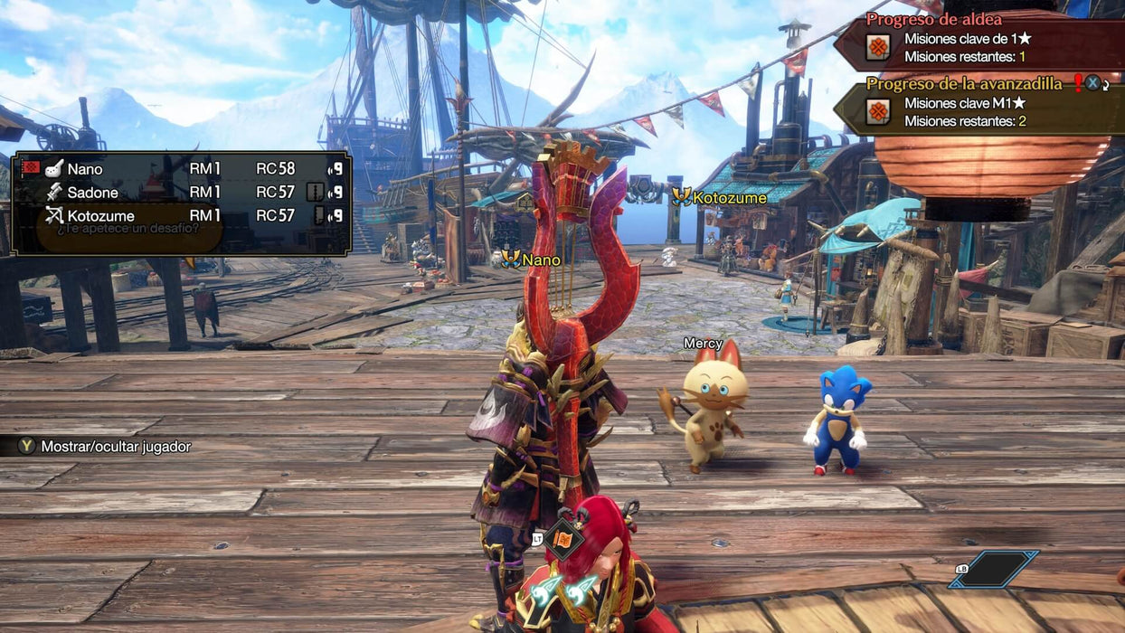 Multiplayer gameplay in Monster Hunter: Rise steam key. A multiplayer scene in Monster Hunter: Rise for PC Steam, where players gather in a village with their Palicoes, preparing for the next quest. A Sonic character appearance adds a fun twist to the game. Available at RushGame.co