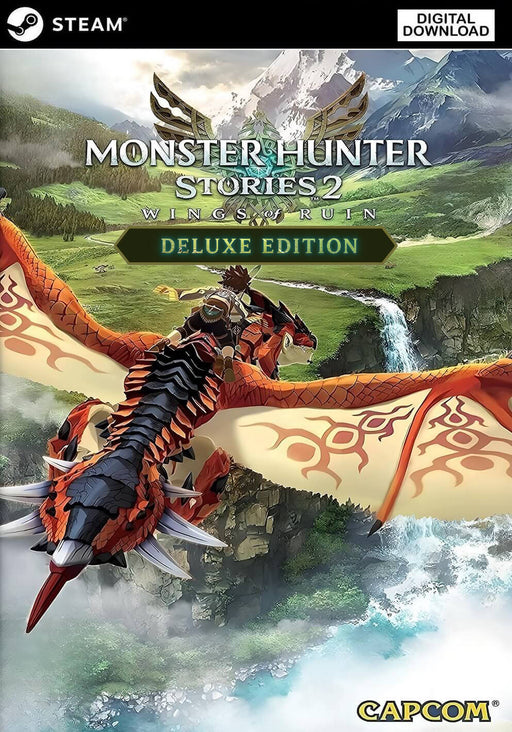 Cover art for Monster Hunter Stories 2: Wings of Ruin Deluxe Edition on PC Steam, featuring a rider soaring through the sky on a majestic Rathalos over lush green landscapes. Purchase your digital Steam CD Key now at RushGame.co and experience epic turn-based RPG adventures in the Monster Hunter universe