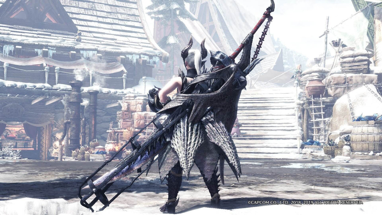 A hunter with an oversized sword stands in a snowy village in Monster Hunter World: Iceborne Digital Deluxe Edition DLC on PC Steam, showcasing the winter-themed environment and high-detail character armor. Get your Iceborne DLC game key now at RushGame.co