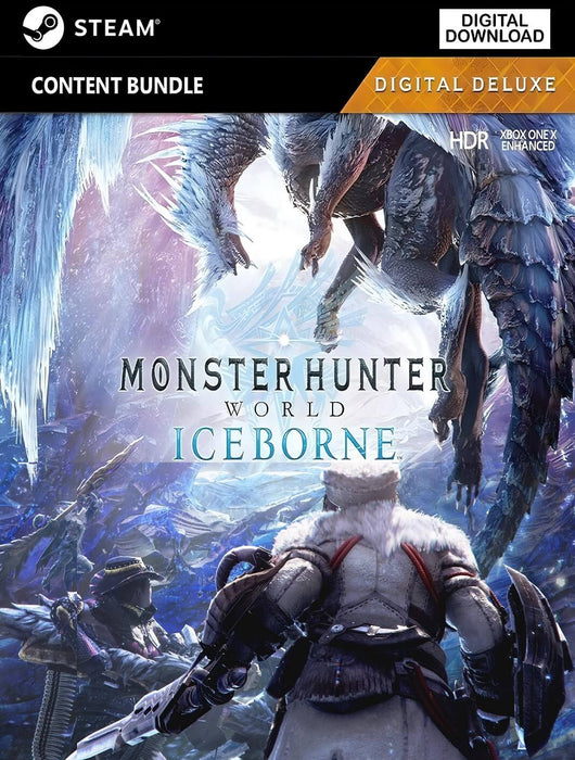  cover art for Monster Hunter World: Iceborne Digital Deluxe Edition on PC Steam, showcasing the fearsome ice wyvern Velkhana confronting a heavily armed hunter. Buy the Steam CD Key now at RushGame.co to access the full Iceborne expansion and deluxe content bundle for the ultimate Monster Hunter World experience