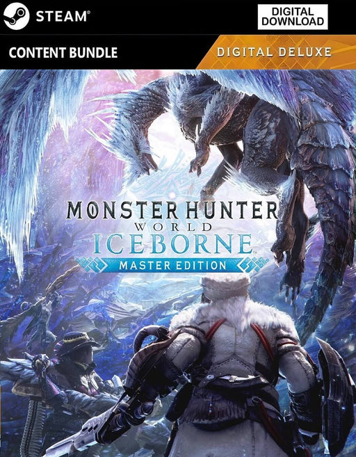 Cover art for Monster Hunter World: Iceborne Master Edition Digital Deluxe on PC Steam, featuring a dramatic standoff between a hunter and the icy elder dragon Velkhana. Purchase the full Master Edition CD Key at RushGame.co and gain instant access to both the base game and the complete Iceborne expansion with deluxe content