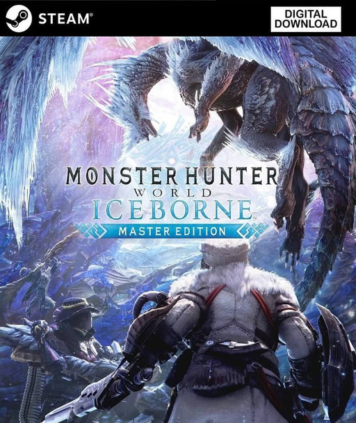 cover art for Monster Hunter World: Iceborne Master Edition on PC Steam, showcasing the fearsome elder dragon Velkhana facing off against two hunters in a frozen battlefield. Buy the full Master Edition Steam CD Key instantly at RushGame.co and unlock both the base game and the epic Iceborne expansion