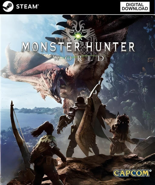 Cover art for Monster Hunter: World on PC Steam, showcasing a group of hunters preparing to battle a massive wyvern-like monster in a lush, open-world environment. Purchase your Monster Hunter: World PC Steam CD Key now at RushGame.co for instant digital download and embark on an epic action-RPG journey
