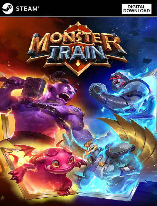 Colorful cover art for Monster Train Bundle on PC Steam, featuring a fiery battle between demonic and celestial creatures leaping from magical cards. Purchase your Monster Train Steam CD Key now at RushGame.co and dive into strategic deck-building action with instant digital delivery