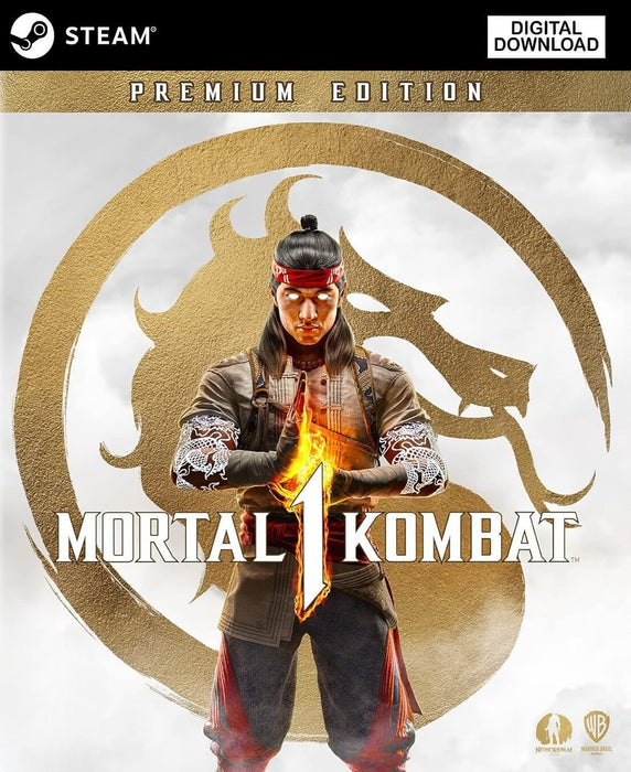 Premium Edition cover art for Mortal Kombat 1 on PC Steam, featuring Liu Kang igniting flames with a golden dragon emblem in the background. This EU/NA digital edition unlocks exclusive content and early access—buy your Mortal Kombat 1 Premium CD Key now at RushGame.co for an epic next-gen kombat experience