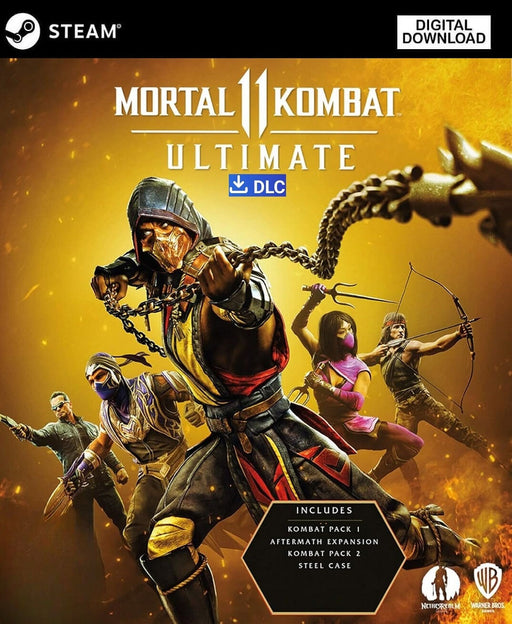 Image showing the cover for Mortal Kombat 11 Ultimate Add-On Bundle on PC Steam, with iconic characters like Scorpion, Mileena, and Liu Kang in dynamic combat poses. Unlock Kombat Packs 1 & 2, the Aftermath expansion, and more with this DLC Steam key—available now with fast digital delivery at RushGame.co