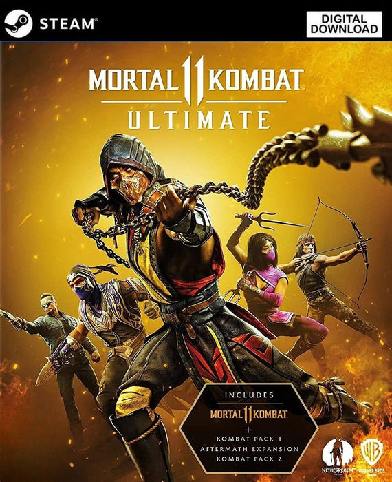 Cover image of Mortal Kombat 11 Ultimate Edition for PC Steam, showcasing Scorpion and other iconic fighters in action against a fiery golden background. Unlock the full MK11 experience with all DLCs—available now as an instant digital key at RushGame.co