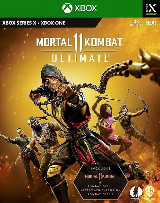 over art for Mortal Kombat 11 Ultimate Edition on Xbox One and Xbox Series X, featuring Scorpion and a team of iconic fighters in dynamic battle poses. Includes Kombat Pack 1, Aftermath Expansion, and Kombat Pack 2. Get your digital Xbox CD key instantly at RushGame.co