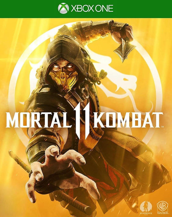 Cover image of Mortal Kombat 11 for Xbox One, showcasing the fierce fighter Scorpion in a dramatic combat pose against a golden background. Buy your Xbox CD key for Mortal Kombat 11 instantly and securely at RushGame.co