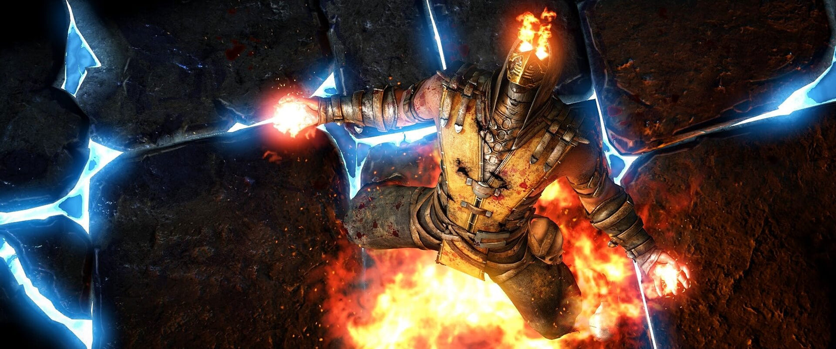 Mortal Kombat X Scorpion on Fire Screen - A dynamic image of Scorpion engulfed in flames as he prepares to attack. This fierce moment from Mortal Kombat X on Steam for PC showcases intense battle visuals. Buy your Mortal Kombat X Steam key at RushGame.co