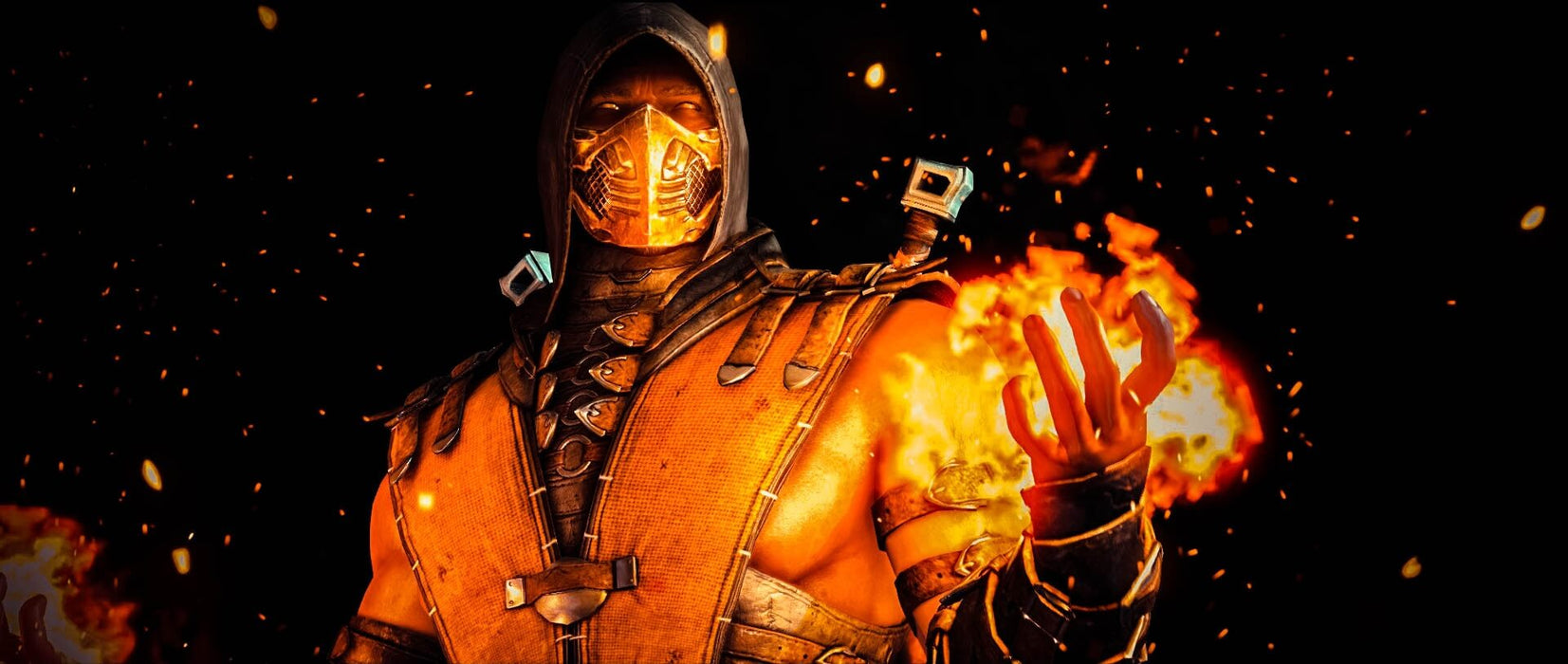 Mortal Kombat X Scorpion with Fireball - Scorpion igniting a fiery energy in his hand against a dark backdrop. This iconic character is ready to unleash his wrath in Mortal Kombat X for xbox one. Get your Xbox key now at RushGame.co