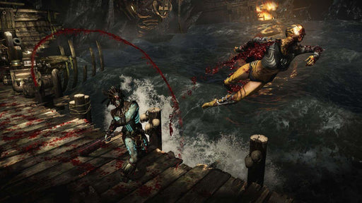 Kotal Kahn delivers a brutal strike, sending his opponent flying over a wooden dock in a visually intense battle in Mortal Kombat XL on Steam PC. Buy Mortal Kombat XL game keys at RushGame.co