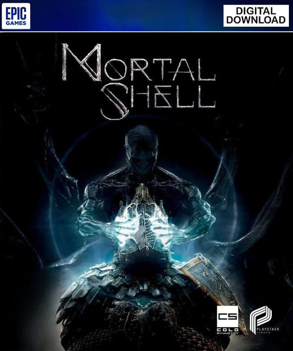 Cover art for Mortal Shell on PC via Epic Games, featuring a shadowy warrior holding a glowing, enchanted helmet, surrounded by dark ethereal forces. This dark fantasy action RPG delivers intense Souls-like combat and deep lore. Purchase your Mortal Shell Epic Games key now at RushGame.co and embrace the challenge