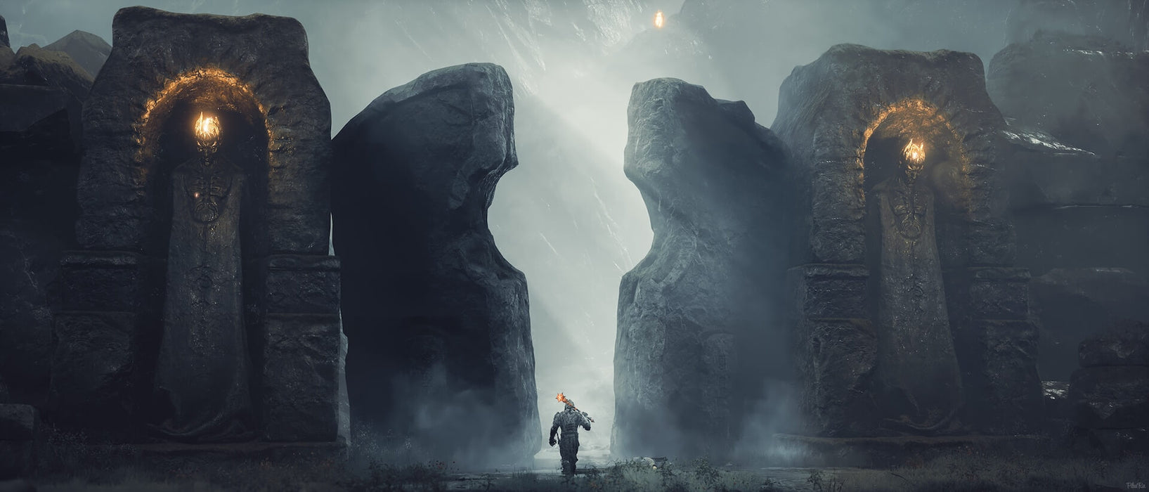 Epic Games Mortal Shell Gameplay Scene – A lone warrior approaches two towering stone statues with glowing heads, marking a mysterious entrance in Mortal Shell on PC. Purchase your Mortal Shell PC game keys at RushGame.co today