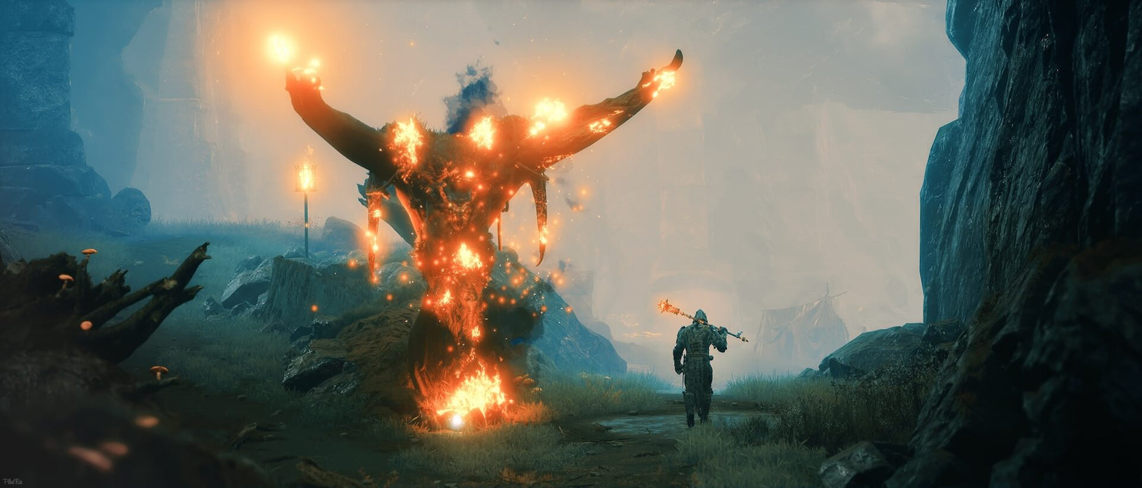 Mortal Shell Boss Fight Screenshot PC Epic Games – A massive fiery creature confronts the player in a tense boss battle scene from Mortal Shell on PC. Get your Mortal Shell keys for Epic Games at RushGame.co