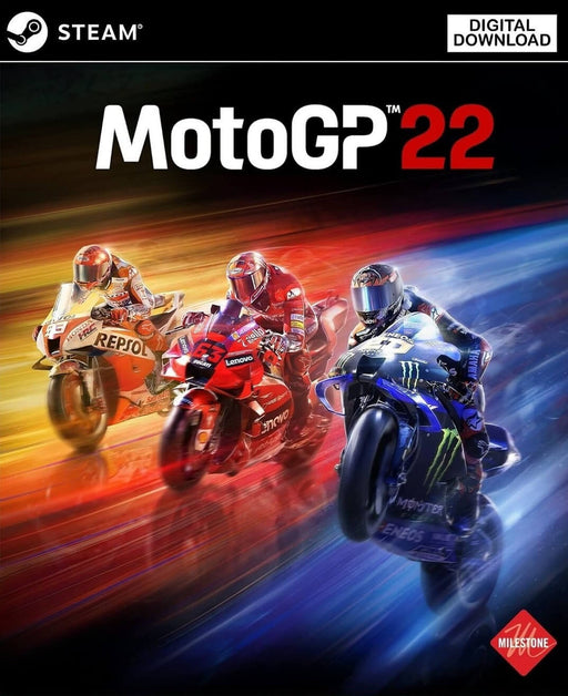 Cover art for MotoGP 22 on PC via Steam, featuring three professional riders racing at high speed on detailed, branded motorcycles. Experience the thrill of the official MotoGP championship. Buy your MotoGP 22 Steam key now at RushGame.co for fast and secure digital delivery.
