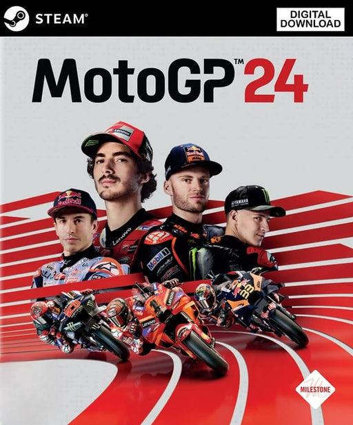 Official cover for MotoGP 24 on PC via Steam, showcasing top MotoGP riders and their motorcycles racing on a stylized red track background. Get your MotoGP 24 Steam key instantly at RushGame.co and enjoy the most immersive racing experience with real teams, tracks, and competitive gameplay.