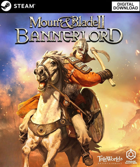 Official game cover of Mount & Blade II: Bannerlord for PC Steam, showcasing a fierce warrior on horseback charging into battle with a shield and axe. Experience large-scale medieval warfare and kingdom-building. Get your Steam CD Key instantly from RushGame.co and start your Bannerlord adventure today