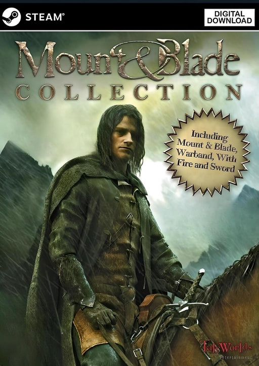 Official cover for Mount & Blade Collection on PC via Steam, featuring a medieval warrior in a cloak on horseback under stormy skies. This collection includes Mount & Blade, Warband, and With Fire and Sword. Purchase your Steam key instantly at RushGame.co and dive into epic sandbox battles and medieval strategy